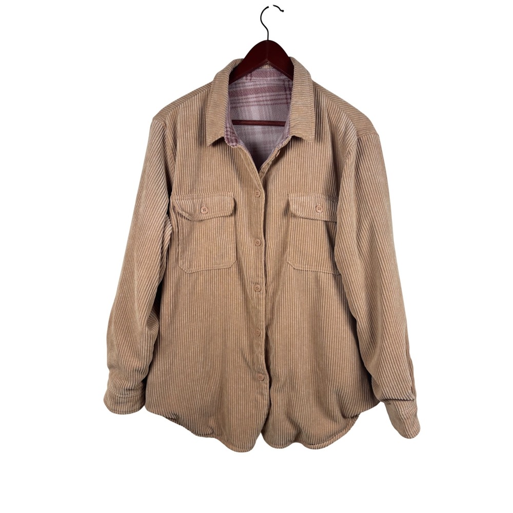 Love Tree Shacket XL J8208 Tan Mauve Reversible Corduroy Plaid Fleece Jacket
